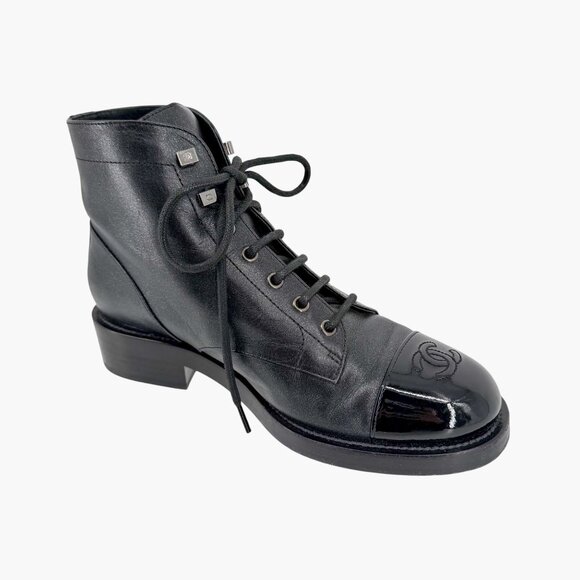 Chanel Black Glitter Leather CC Cap Toe Combat Boots Size 39 US 8–8.5 Women's - Picture 12 of 15